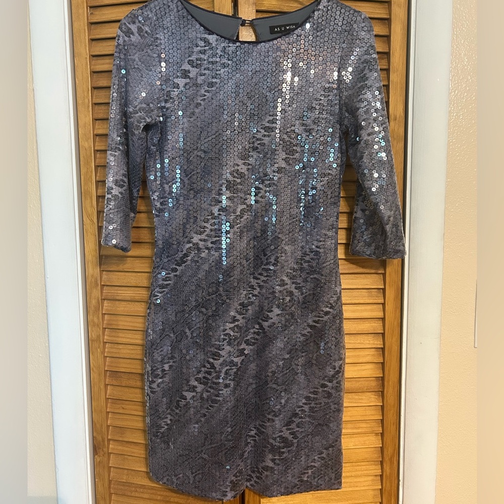 Blue Sequin 3/4 Sleeve mini Dress